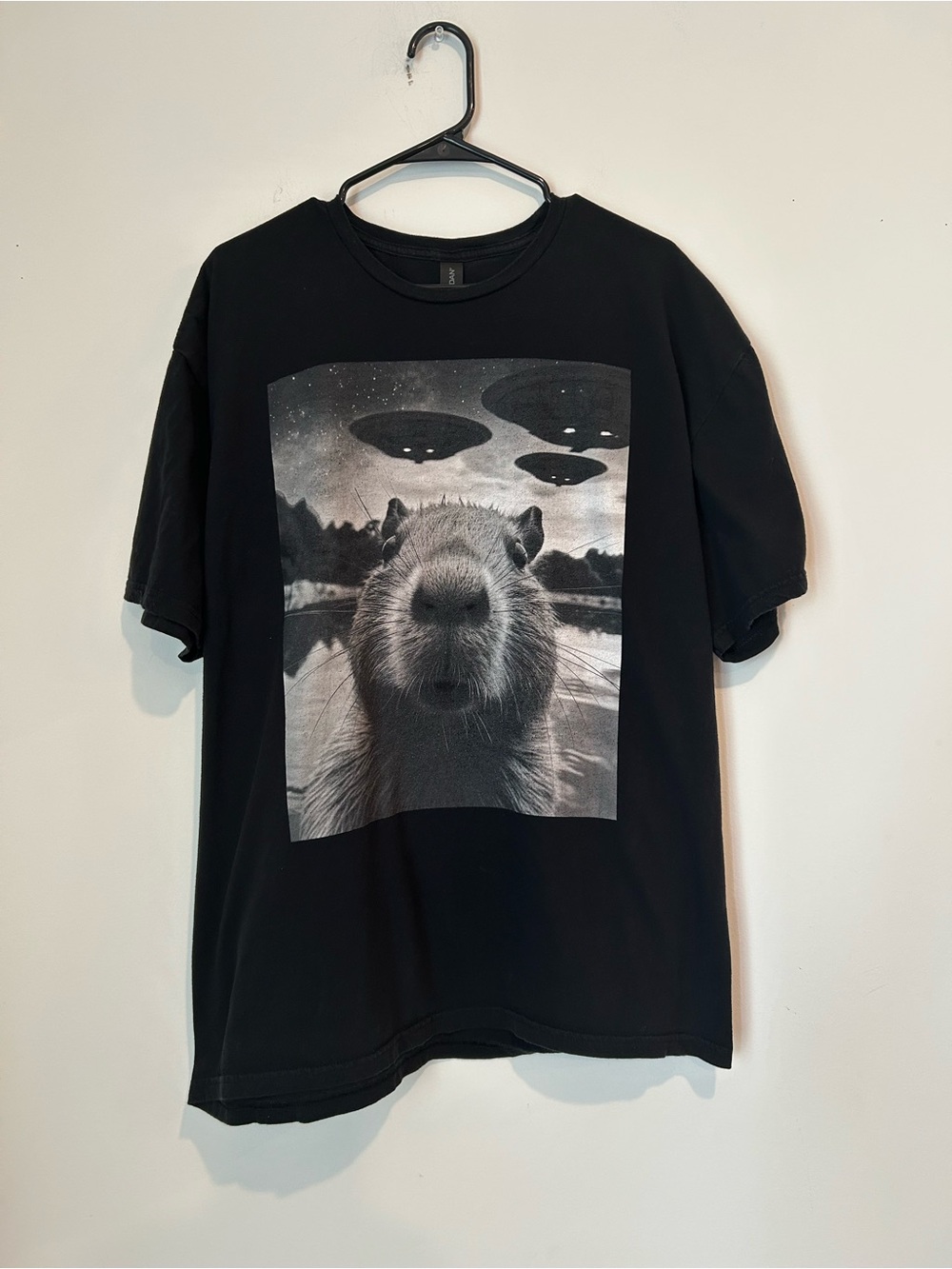 Capybara Selfie with UFOs 2XL Black T-shirt
